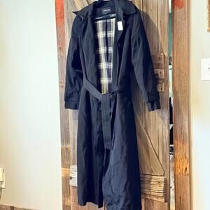 London Fog Black Trench Coat Size 14 with Plaid Lining